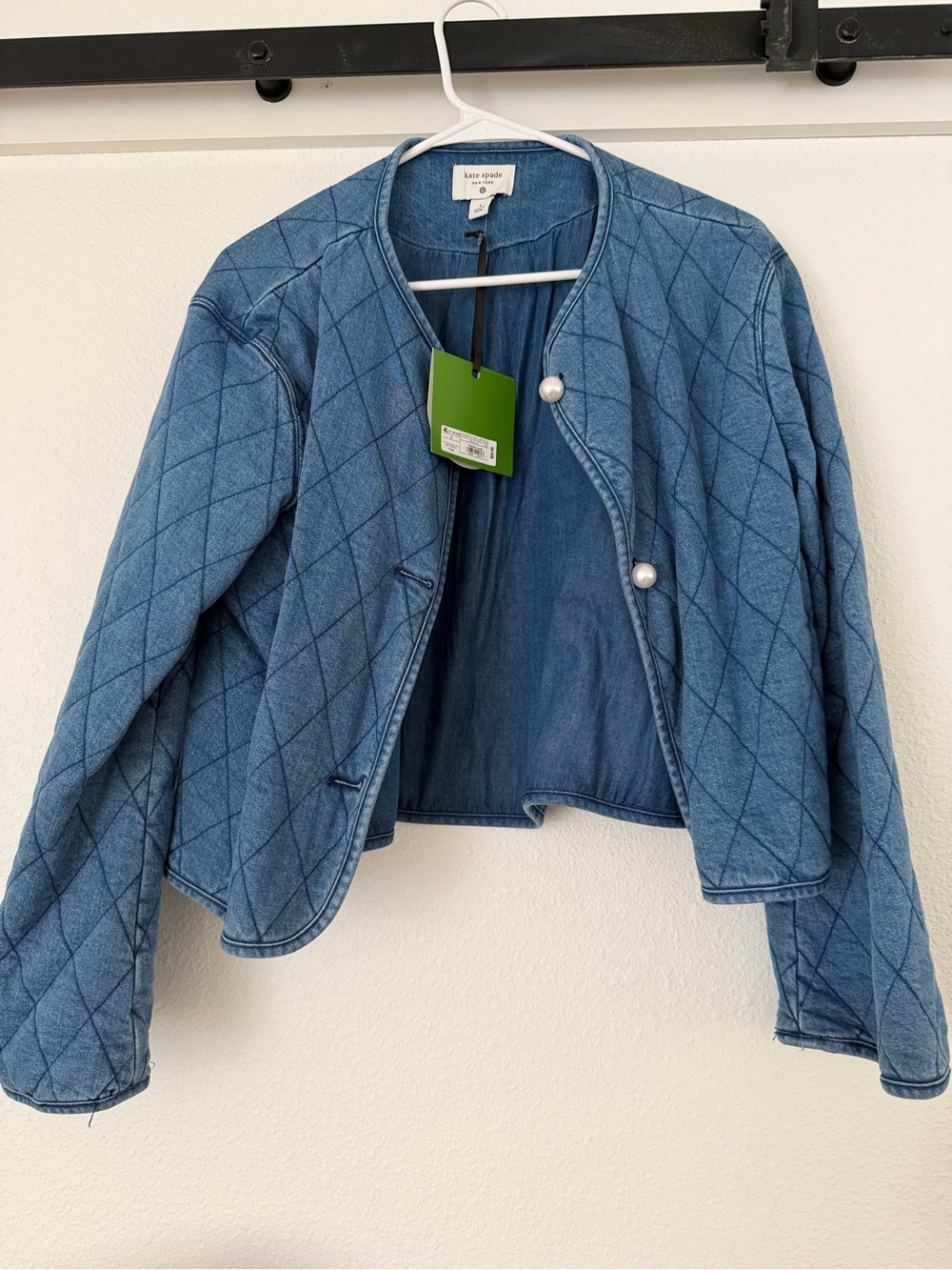 kate spade Quilted Light Blue Denim Crop Jacket with Pearl Buttons